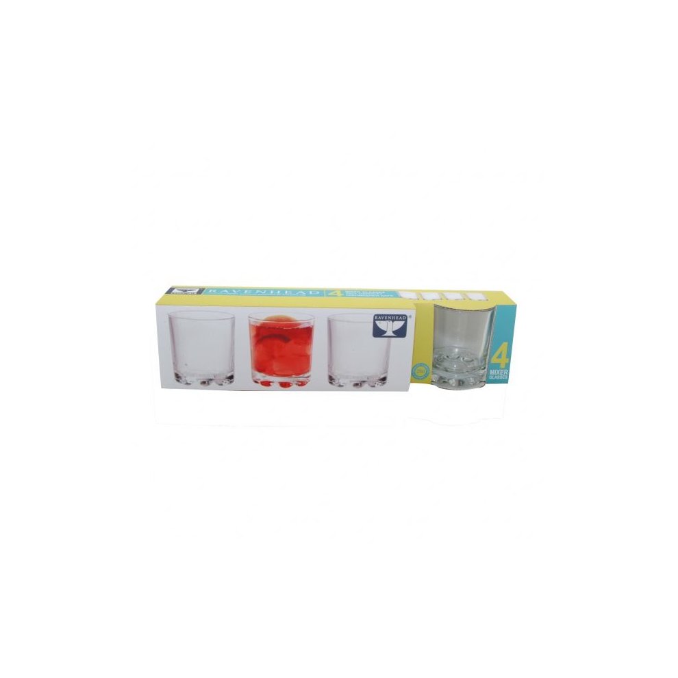 Set of 4 clear glass mixer glasses with a hobnob design, featuring a textured base, packaged in a colorful box with images of the glasses and a label indicating the brand.