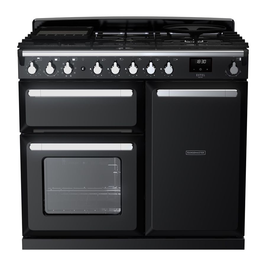 Gloss black dual fuel range cooker with chrome accents, featuring four gas burners, two ovens, and control knobs, designed for a modern kitchen aesthetic.