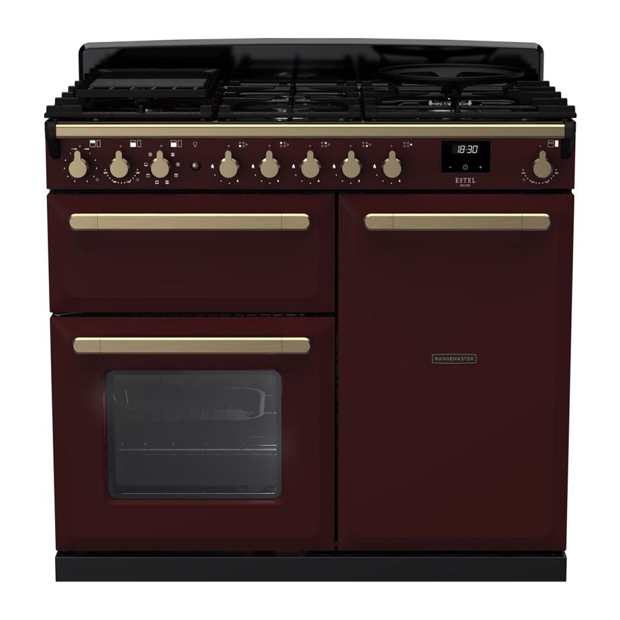 Bordeaux dual fuel range cooker with antique brass knobs, featuring five gas burners, two ovens, and a sleek black top, designed for modern kitchens.
