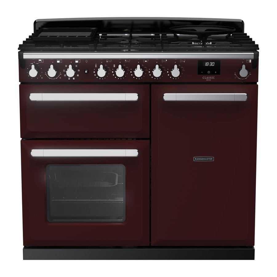 Dual fuel range cooker in Bordeaux with chrome accents, featuring a five-burner gas hob, two ovens, and chrome control knobs, offering a classic and elegant design.