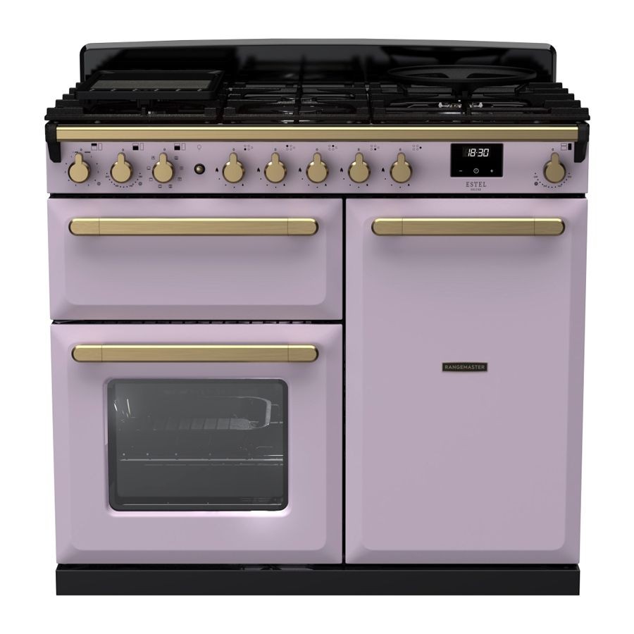Estel Deluxe dual fuel range cooker in heather color with antique brass knobs, featuring a five-burner gas hob, two ovens, and a sleek black top.