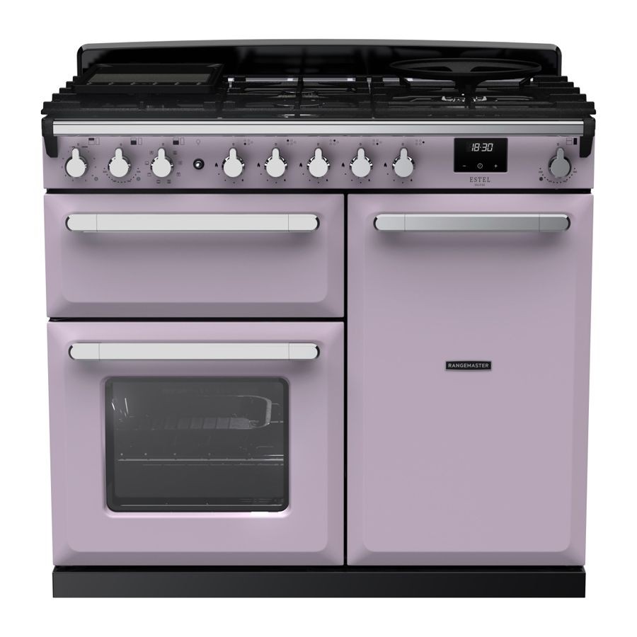 Estel Deluxe 100cm dual fuel range cooker in heather with chrome accents, featuring a five-burner gas hob, two ovens, and control knobs along the front.