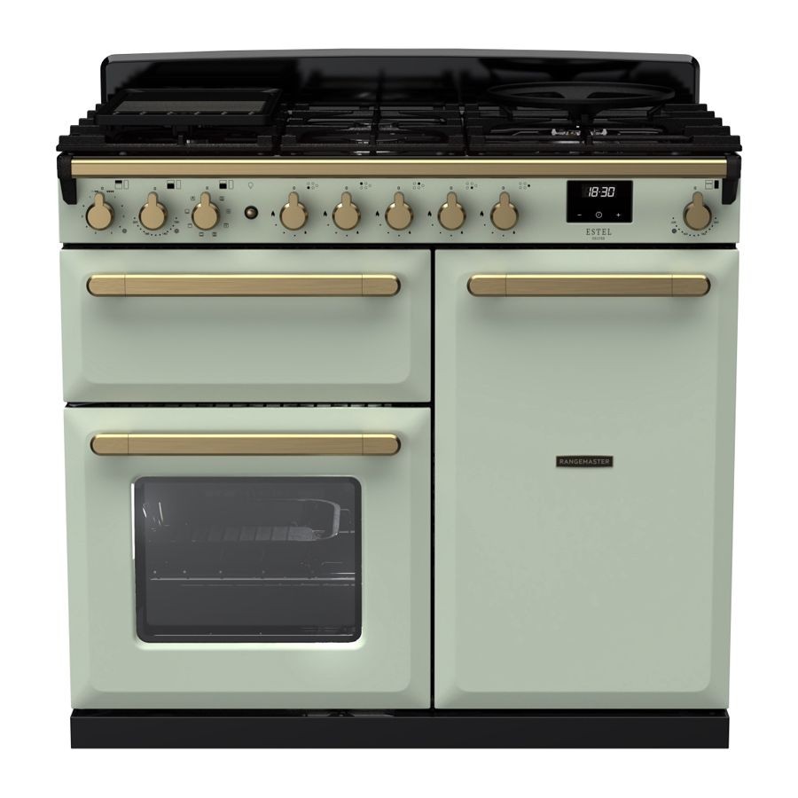 Dual fuel range cooker in mint green with antique brass knobs and handles, featuring a black hob with multiple burners and two ovens, one with a glass door.