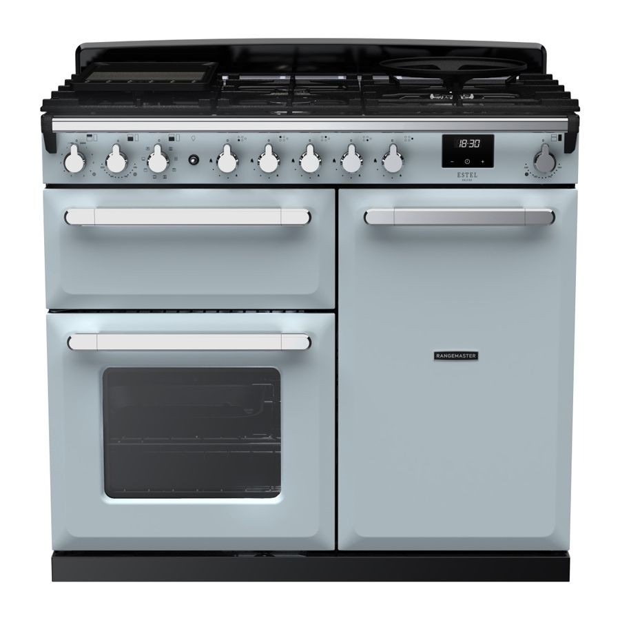 Misty blue dual fuel range cooker with chrome accents, featuring four gas burners, two ovens, and a sleek control panel with dials and digital display.