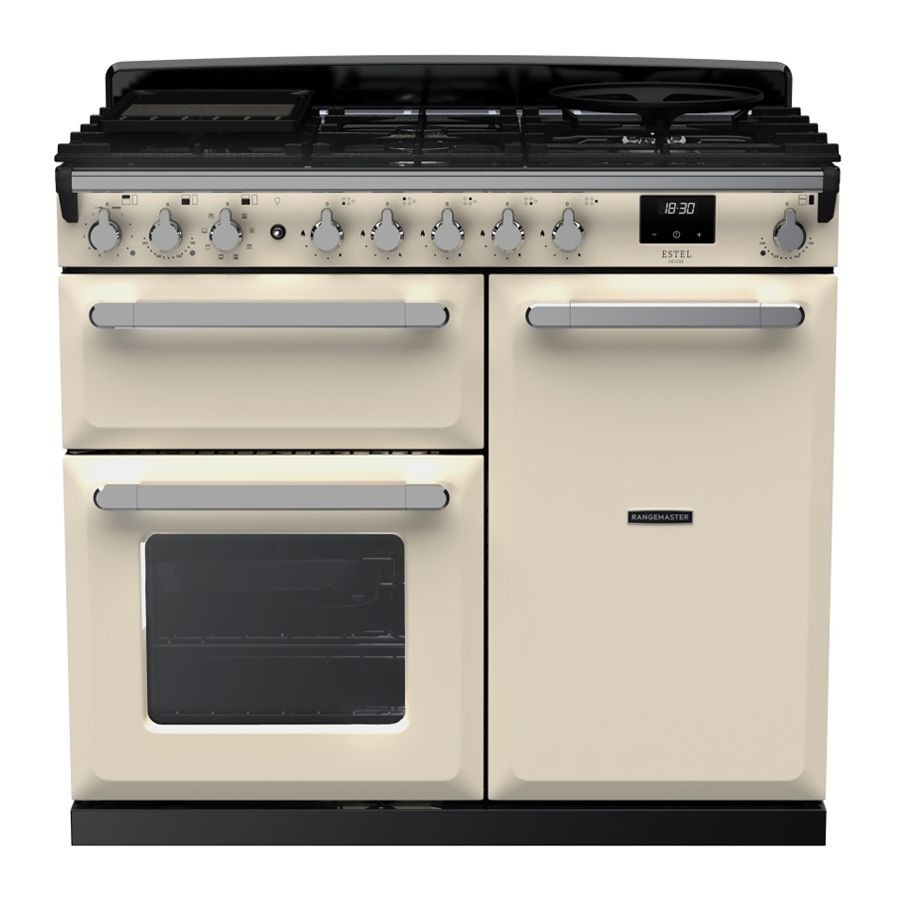Pale cream dual fuel range cooker with chrome accents, featuring five gas burners, two ovens, and a sleek control panel with round knobs.