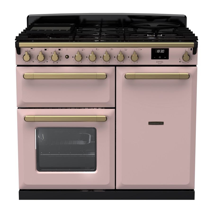 Pale pink dual fuel range cooker with antique brass knobs and handles, featuring five gas burners, two ovens, and a sleek black top.