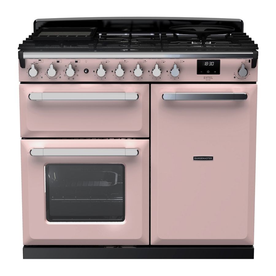 Pale pink dual fuel range cooker with chrome accents, featuring a five-burner gas hob, two ovens, and control knobs, showcasing a vintage-inspired design.