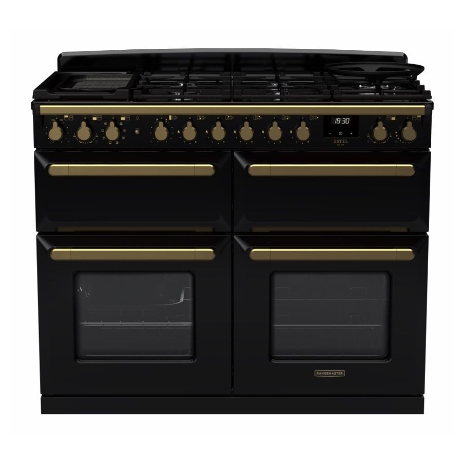 Black dual fuel range cooker with antique brass accents, featuring six gas burners, dual ovens with glass doors, and control knobs along the front for easy access.