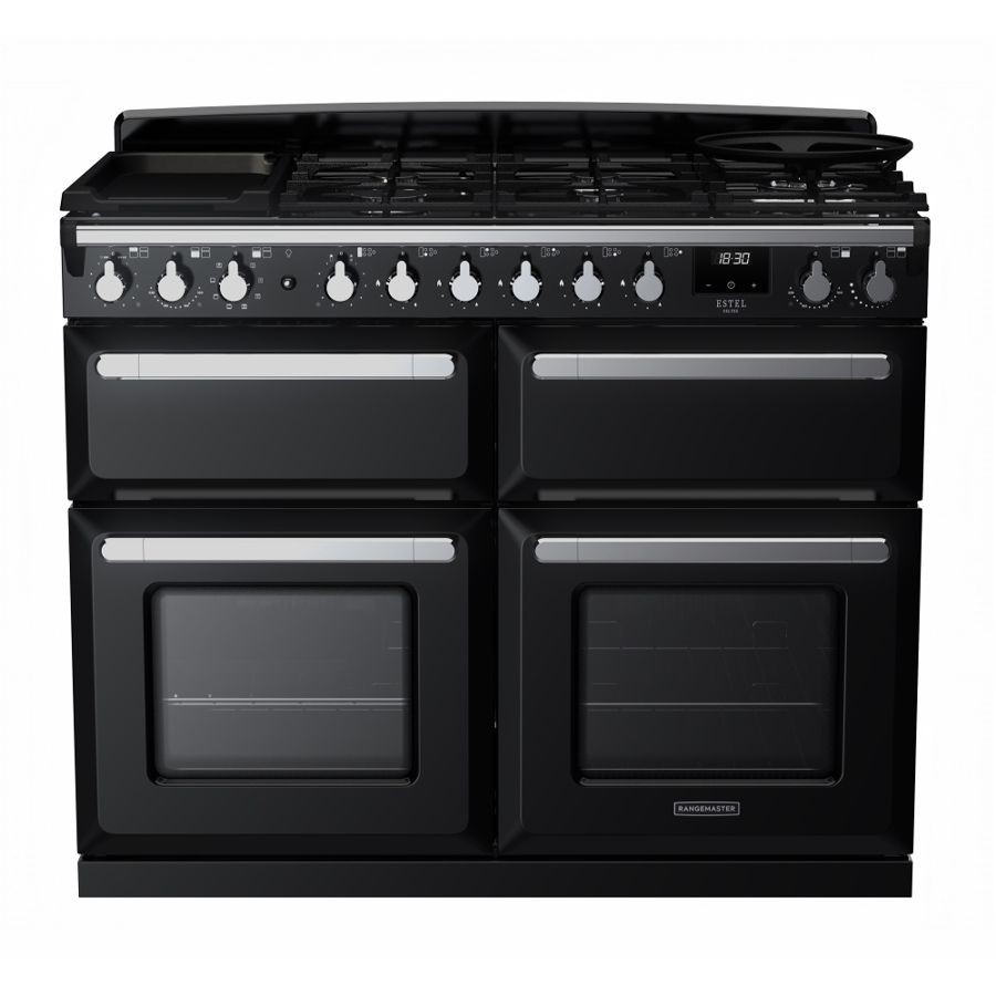 Black and chrome Rangemaster Estel Deluxe 110cm BC dual fuel range cooker featuring four ovens, multiple gas burners, and control knobs along the front.