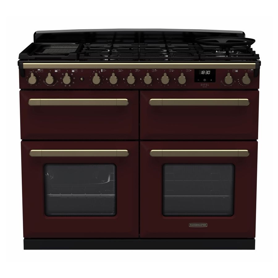 Bordeaux dual fuel range cooker featuring antique brass knobs, four gas burners, and two oven compartments with glass doors, showcasing a sleek and modern design.