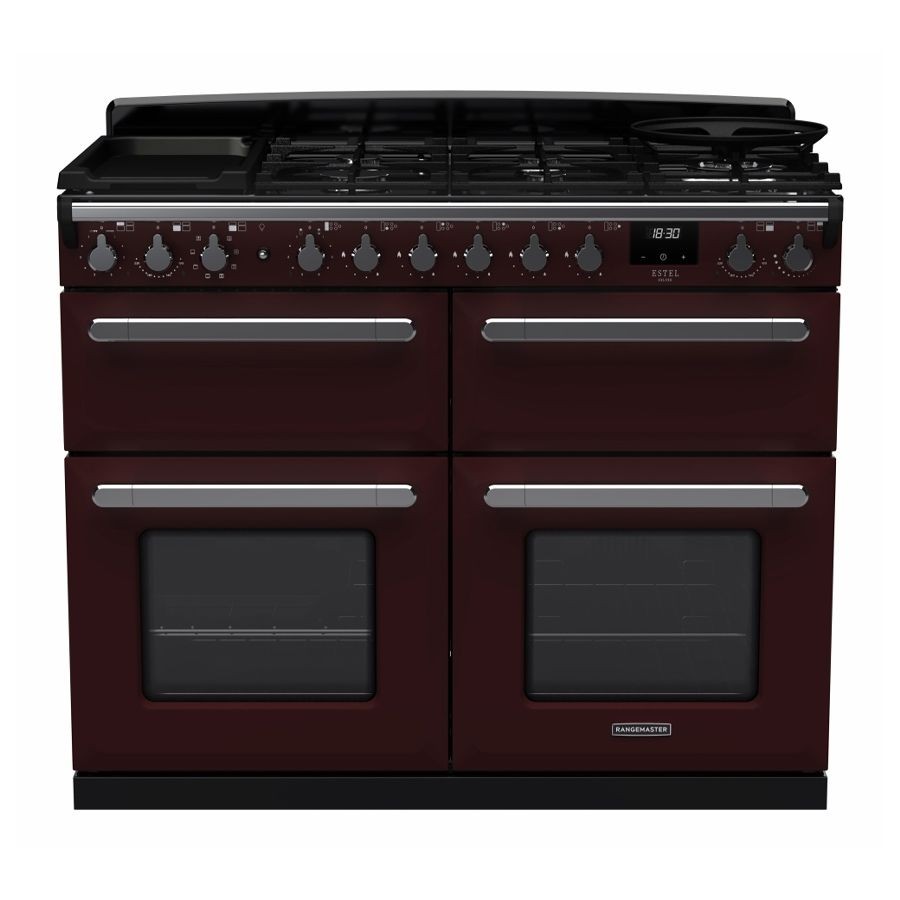 Bordeaux and chrome dual fuel range cooker featuring four gas burners, two ovens with glass doors, and a digital display, all set on a sleek, modern design.