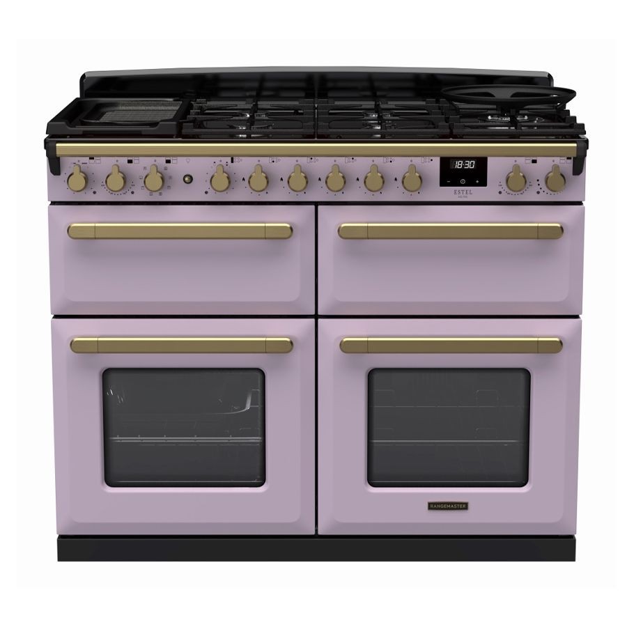 Dual fuel range cooker in heather with antique brass handles, featuring four gas burners, two ovens with glass doors, and a digital display for precise cooking.