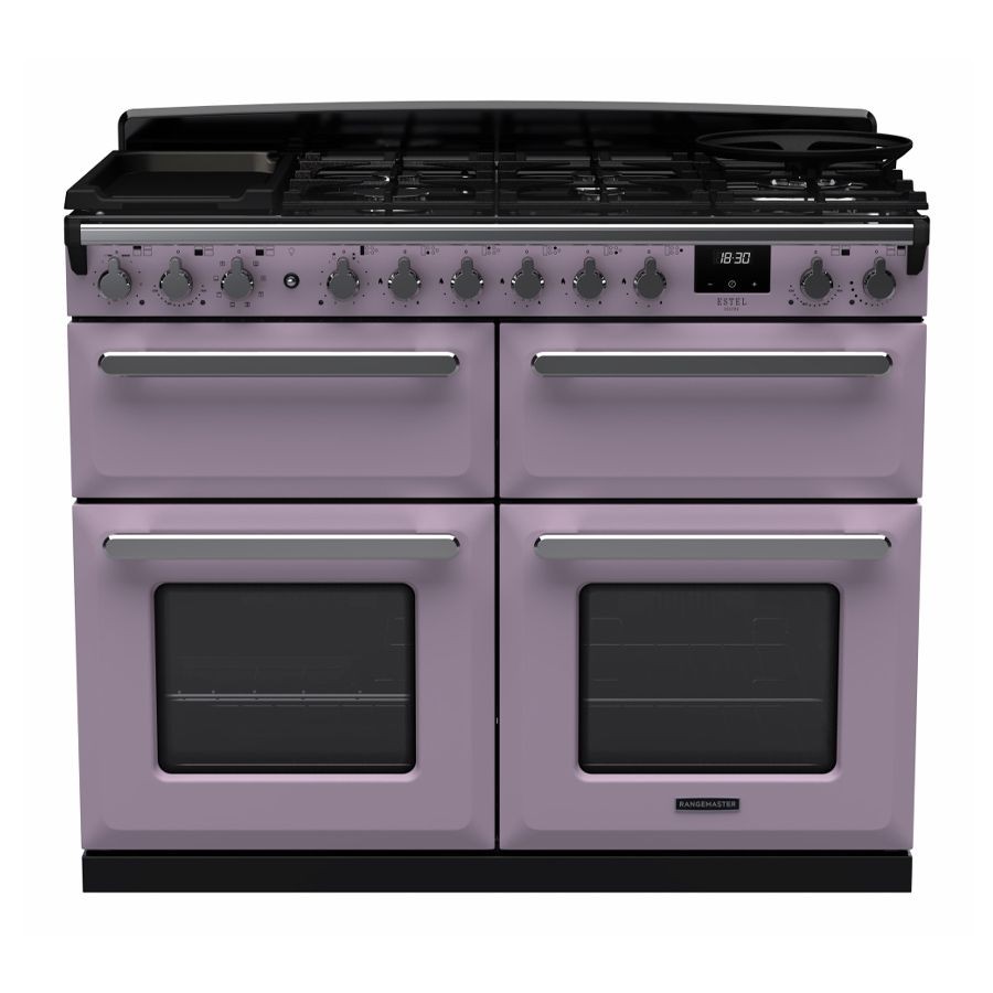 Estel Deluxe 110cm BC Dual Fuel Range Cooker in heather with chrome accents features four gas burners, two ovens, and a digital display for precise cooking control.