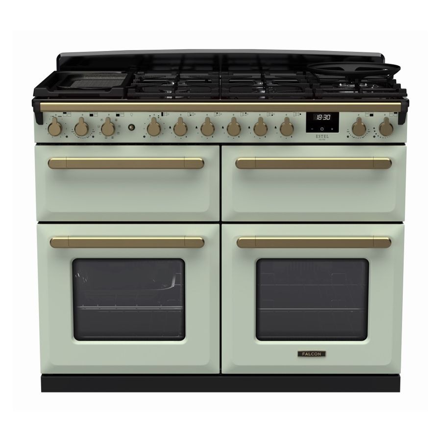 Dual fuel range cooker in mint green with antique brass accents, featuring four ovens and a gas hob with multiple burners, elegant knobs, and a digital display.