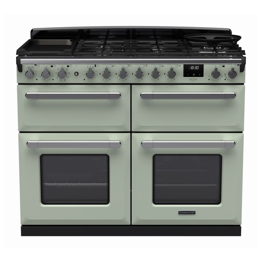 Mint green dual fuel range cooker with chrome accents, featuring four ovens, six gas burners, a griddle plate, and a digital display.