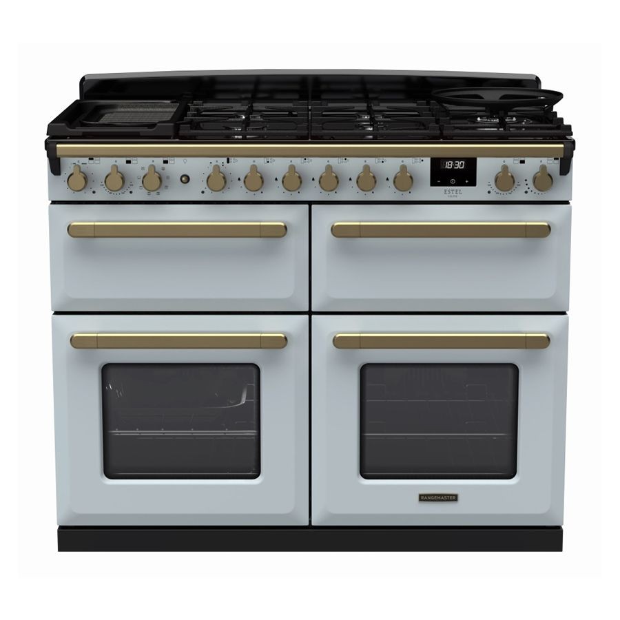 Dual fuel range cooker in misty blue with antique brass accents, featuring four gas burners, two ovens with glass doors, and a digital display.