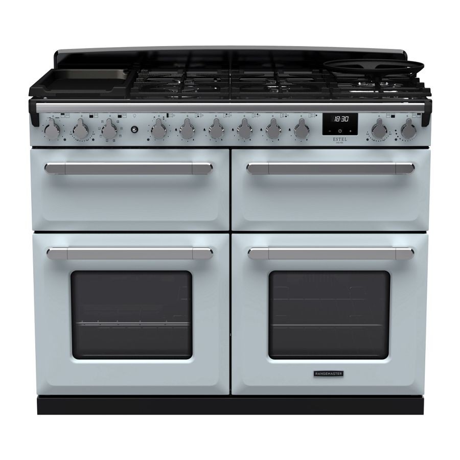 Misty blue dual fuel range cooker with chrome accents, featuring four gas burners, a griddle, and two spacious ovens, all with stylish control knobs and a sleek design.