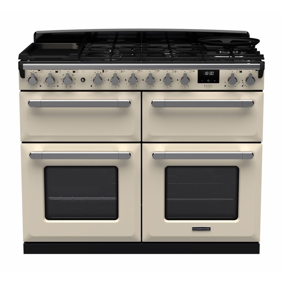 Pale cream dual fuel range cooker with chrome accents, featuring four gas burners, two ovens, a griddle, and control knobs for precise temperature settings.
