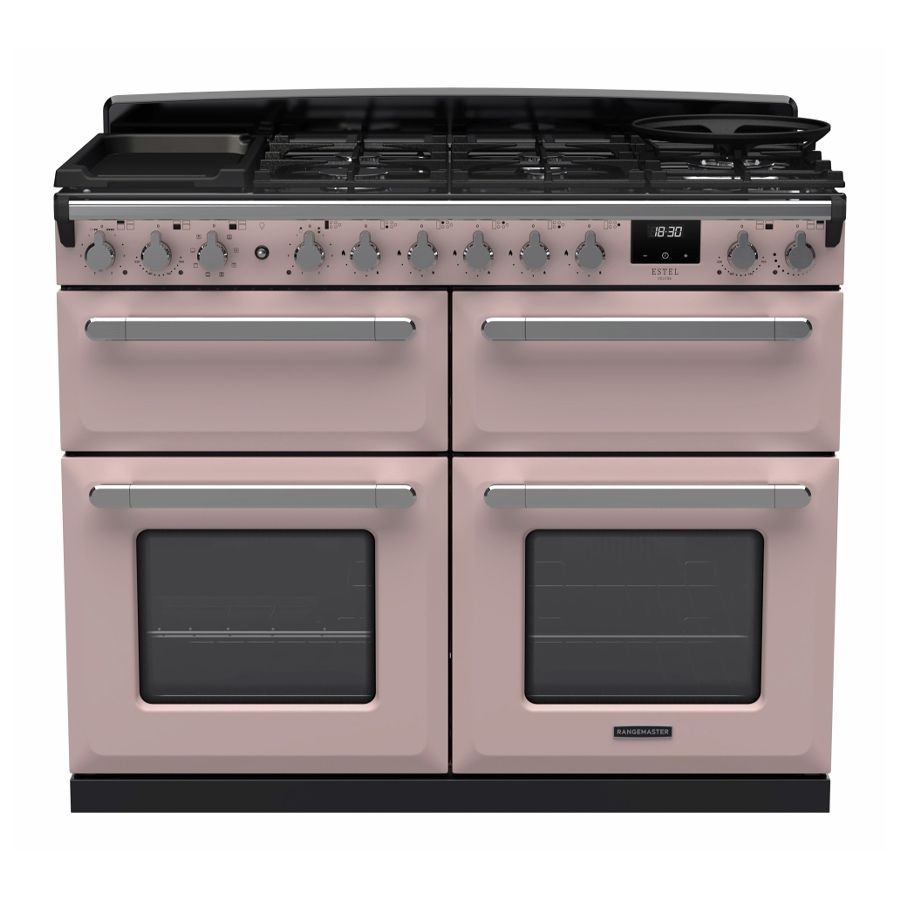 Dual fuel range cooker in pale pink and chrome, featuring four ovens, a black gas hob with multiple burners, and a digital display for temperature settings.