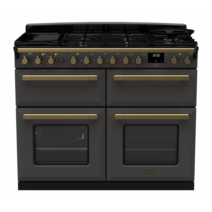 Slate-colored dual fuel range cooker with antique brass knobs and handles, featuring four gas burners, two ovens with glass doors, and a digital display.
