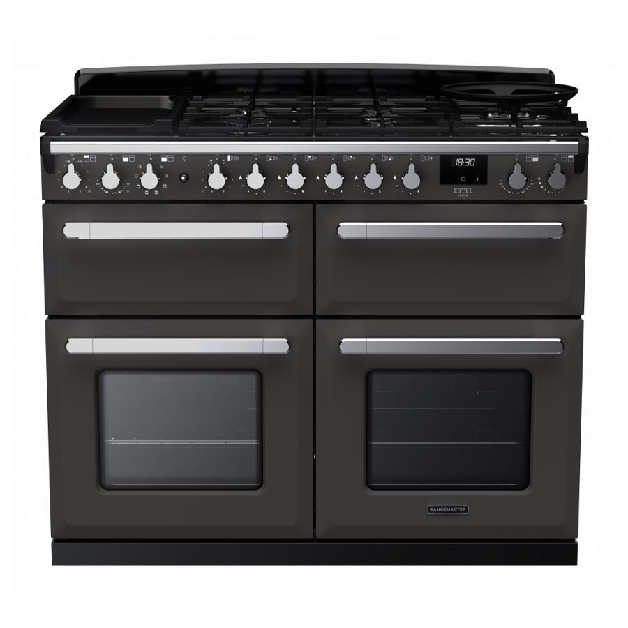 Slate grey dual fuel range cooker with chrome accents, featuring four hobs, two large ovens with glass doors, and control knobs along the front.