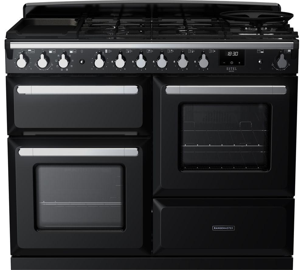 Black and chrome 110cm dual fuel range cooker featuring multiple gas burners, two ovens, and a sleek control panel with chrome knobs and digital display.