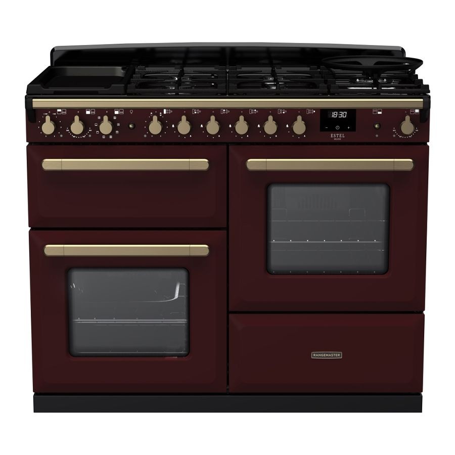 Bordeaux dual fuel range cooker with antique brass knobs, featuring four gas burners, two ovens with glass doors, and a digital display, designed for a stylish kitchen.