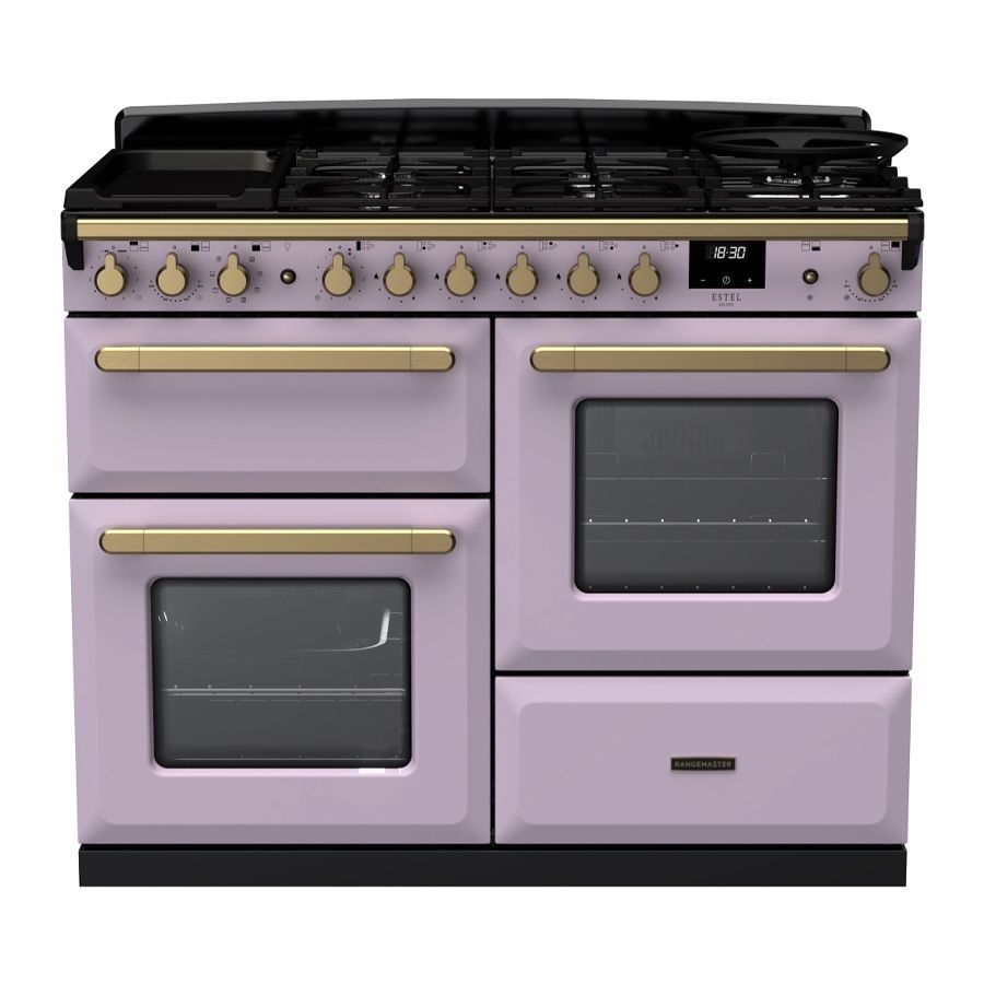 Estel Deluxe 110cm dual fuel range cooker in heather with antique brass knobs, featuring four gas burners, two ovens, and a sleek black glass top.