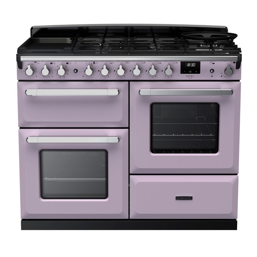 Estel Deluxe 110cm dual fuel range cooker in heather with chrome accents, featuring five gas burners, two ovens, and a sleek, modern design.