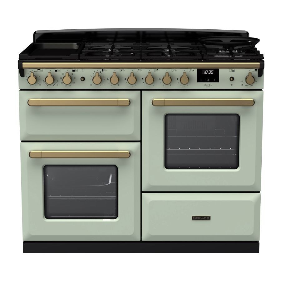 Mint green dual fuel range cooker with antique brass accents, featuring five gas burners, two ovens with glass doors, and a digital display.