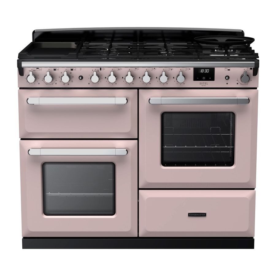Pale pink dual fuel range cooker with chrome accents, featuring a five-burner gas hob, two ovens, digital display, and control knobs, showcasing a sleek and modern design.