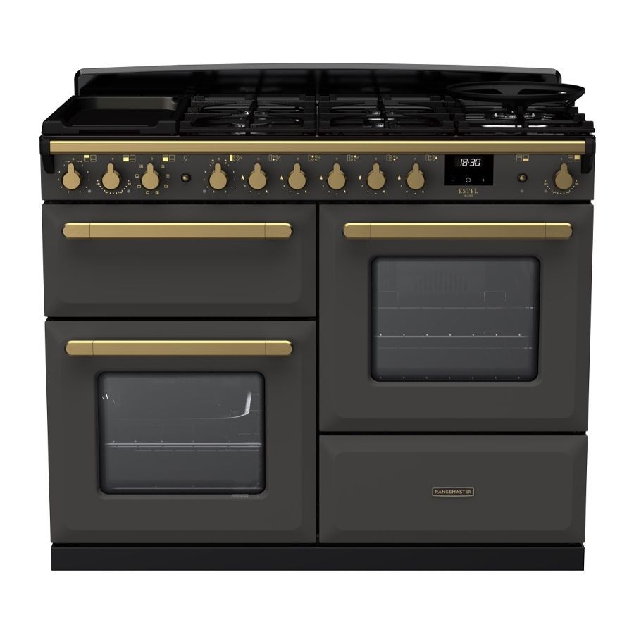 Slate grey dual fuel range cooker with antique brass knobs and handles, featuring two large ovens, a five-burner gas hob, and a digital display.