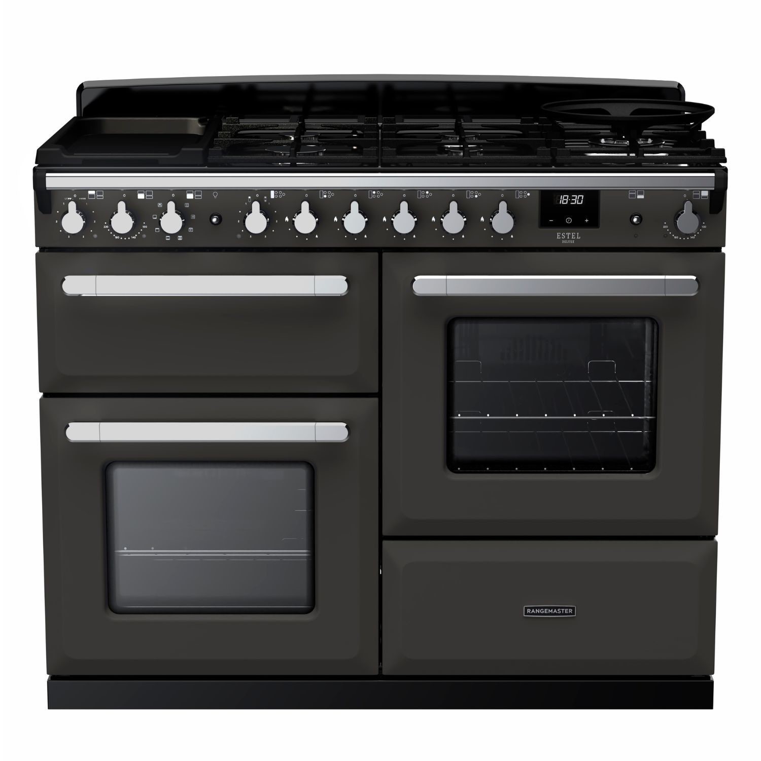 Slate-colored dual fuel range cooker with chrome accents, featuring a five-burner gas hob, two large ovens with glass doors, and control knobs along the front.