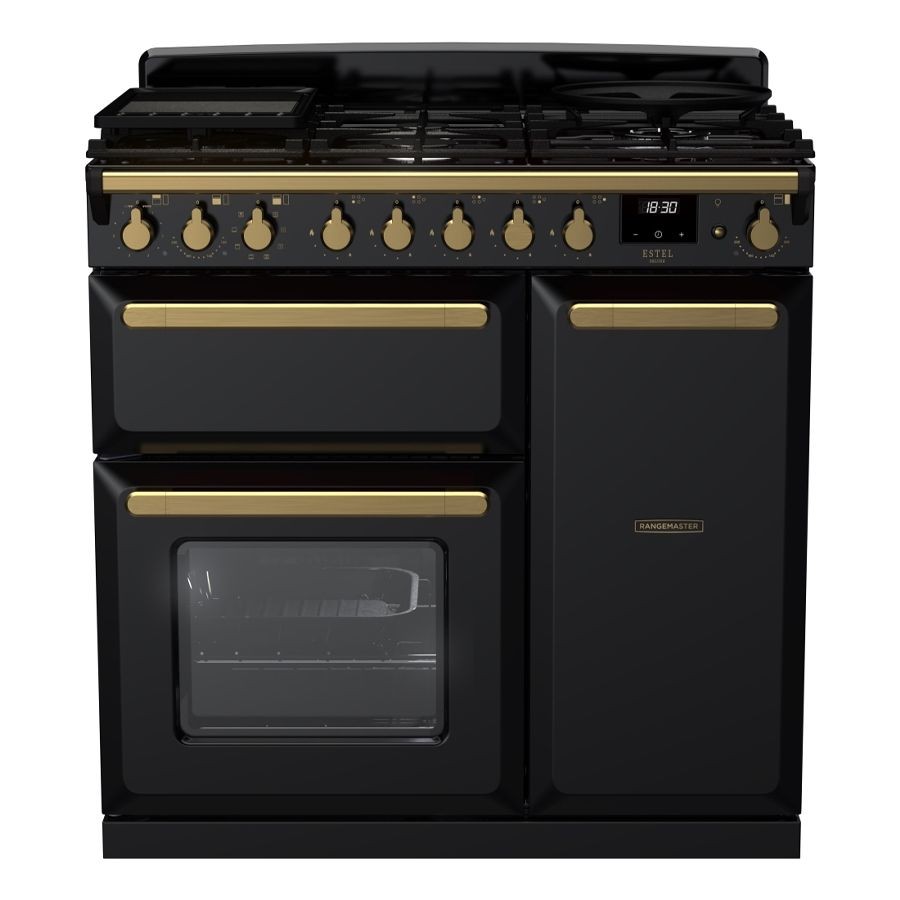 Black dual fuel range cooker with antique brass knobs, featuring a five-burner gas hob, two ovens, and a digital clock display, designed for a stylish kitchen.