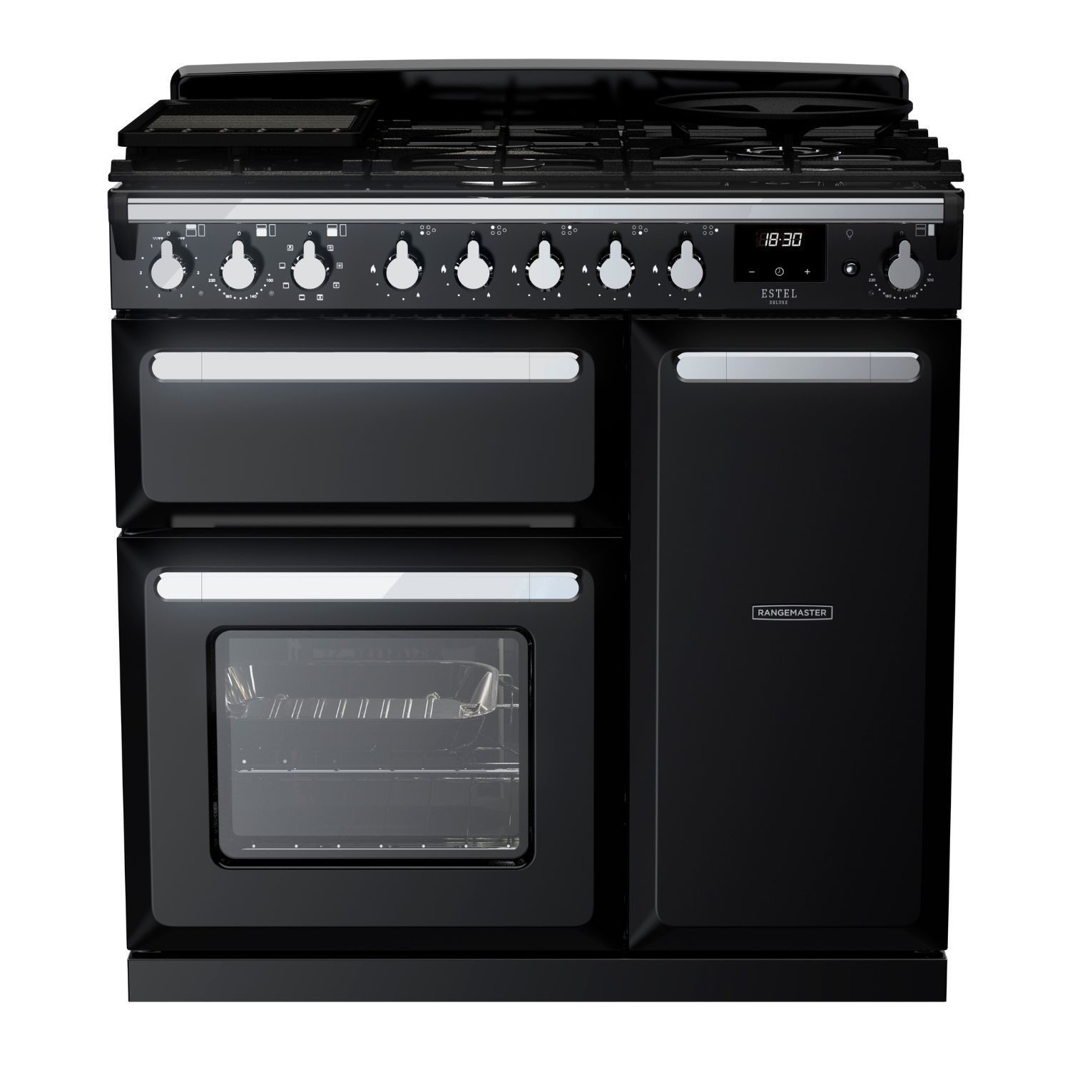 Black and chrome Estel Deluxe 90cm dual fuel range cooker featuring a five-burner gas hob, dual ovens, and stylish control knobs for precise temperature settings.