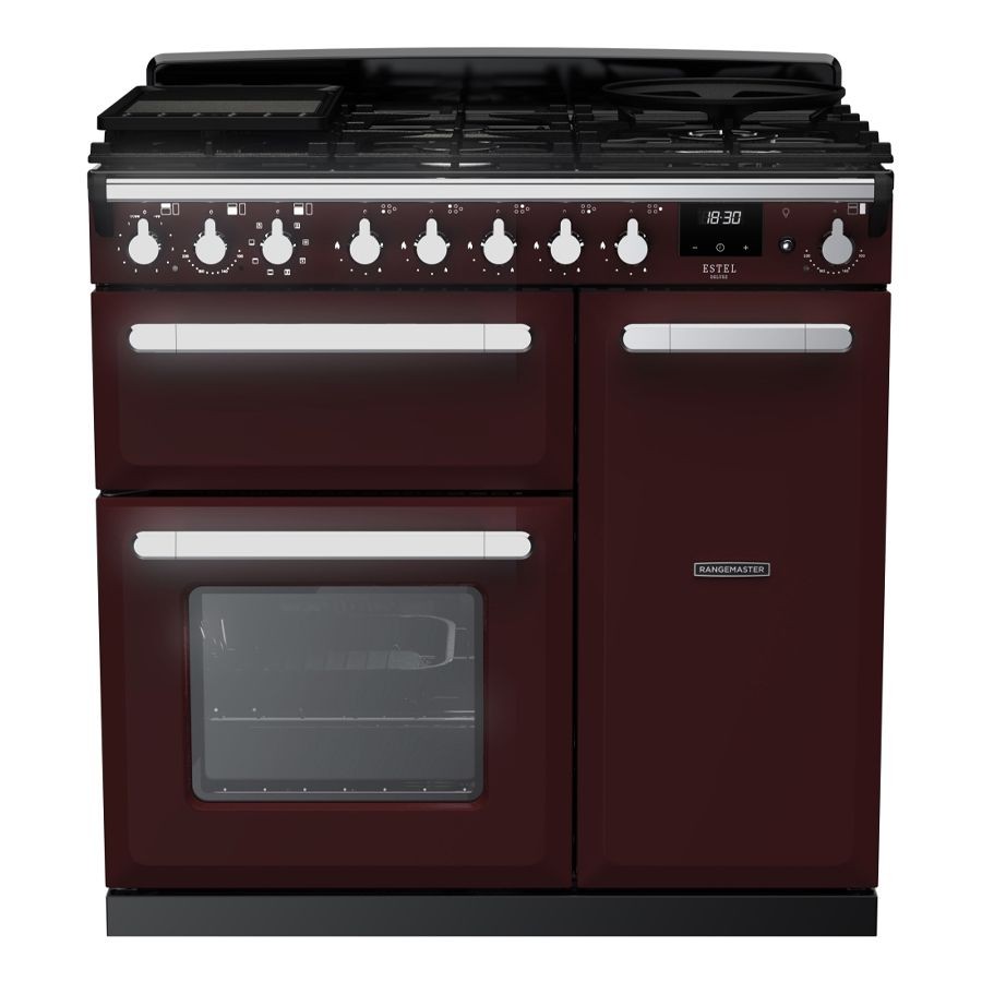 Estel Deluxe 90cm dual fuel range cooker in Bordeaux and chrome, featuring a black top, multiple gas burners, two ovens, and chrome knobs and handles.