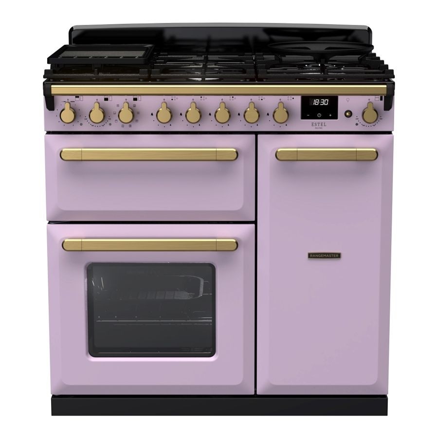90cm dual fuel range cooker in heather color with antique brass knobs and handles, featuring a five-burner gas hob, digital display, and a large oven with a glass door.