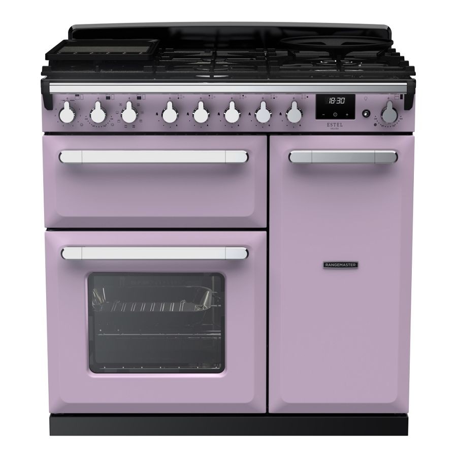 Estel Deluxe 90cm dual fuel range cooker in heather color with chrome accents, featuring four gas burners, two ovens, and a digital display.