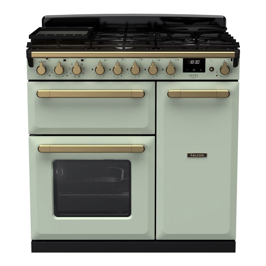 Mint green dual fuel range cooker with antique brass knobs and handles, featuring five gas burners, a digital display, and two ovens with a classic design.