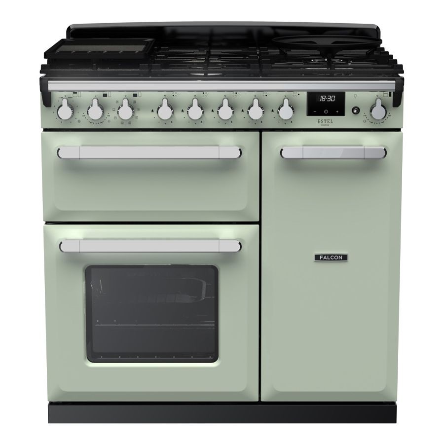 Mint green dual fuel range cooker with chrome accents, featuring a five-burner gas hob, two ovens, and control knobs, showcasing a retro design.