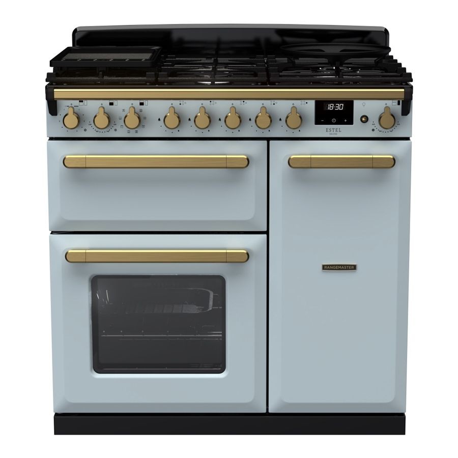 Misty blue dual fuel range cooker with antique brass knobs and handles, featuring a five-burner gas hob and two ovens, sleek design with a digital display.