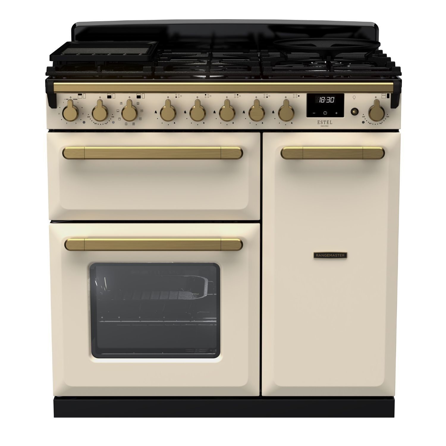 Pale cream dual fuel range cooker with antique brass accents, featuring a black hob, multiple burners, two ovens, and a digital display.