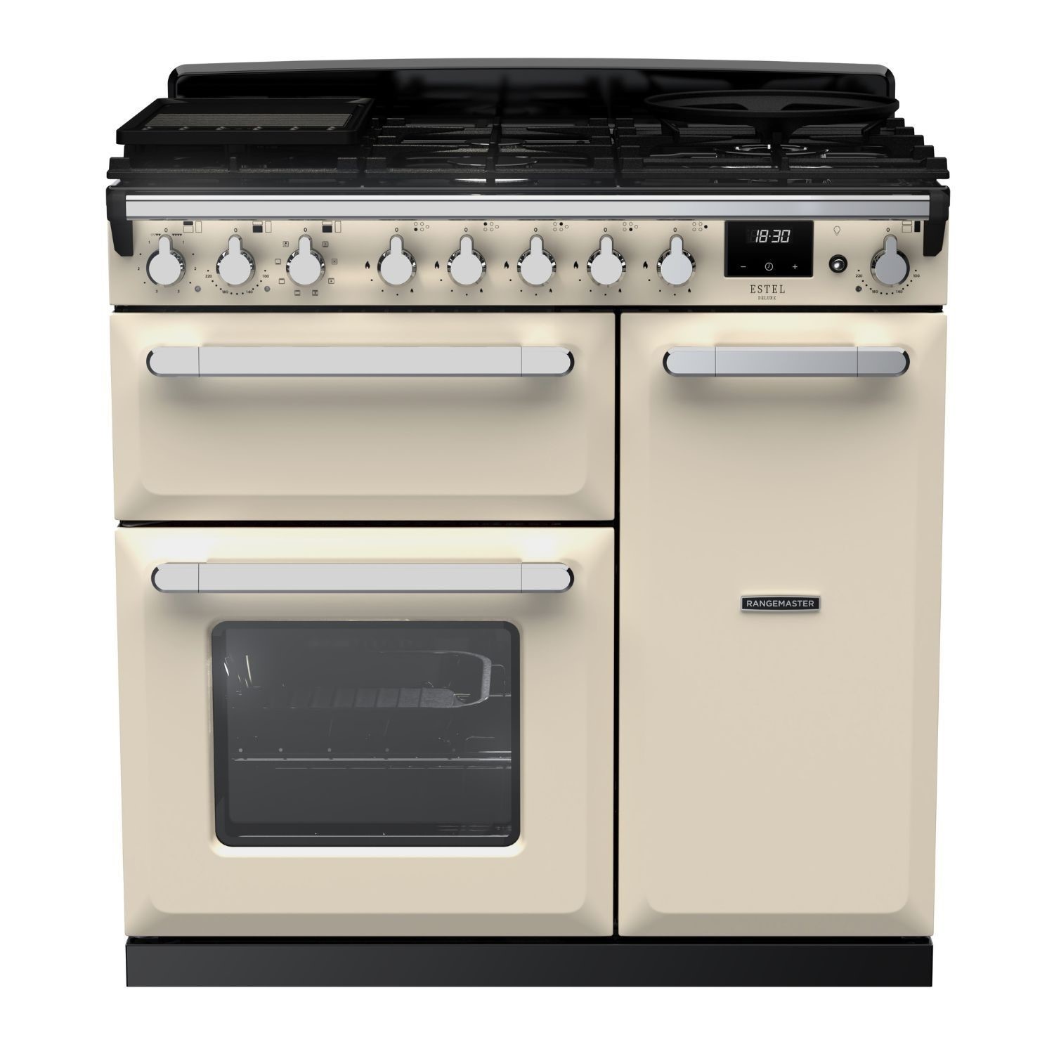 Pale cream dual fuel range cooker with chrome accents, featuring four gas burners, two ovens, and a digital display, showcasing a classic design by Rangemaster.