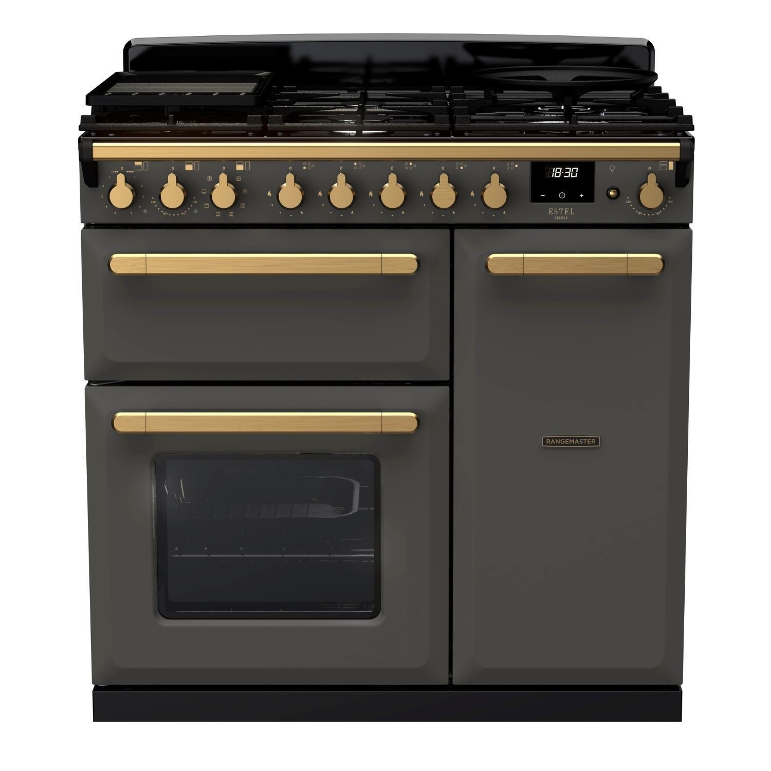 Slate-colored dual fuel range cooker with antique brass knobs, featuring a five-burner gas hob, digital display, and two ovens with glass doors.