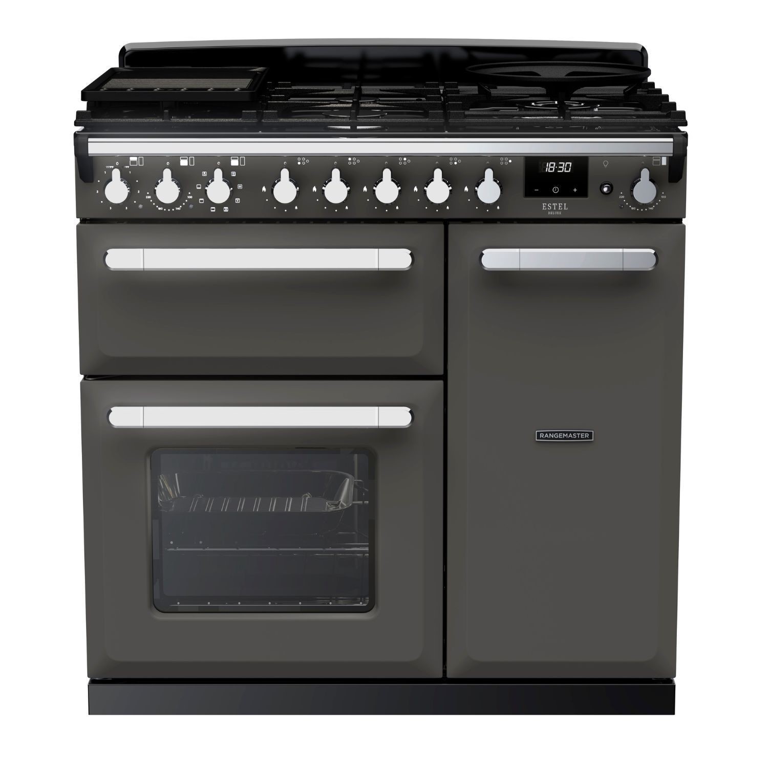 Rangemaster Estel Deluxe 90cm dual fuel range cooker in slate with chrome accents, featuring six gas burners, dual ovens, and sleek control knobs.
