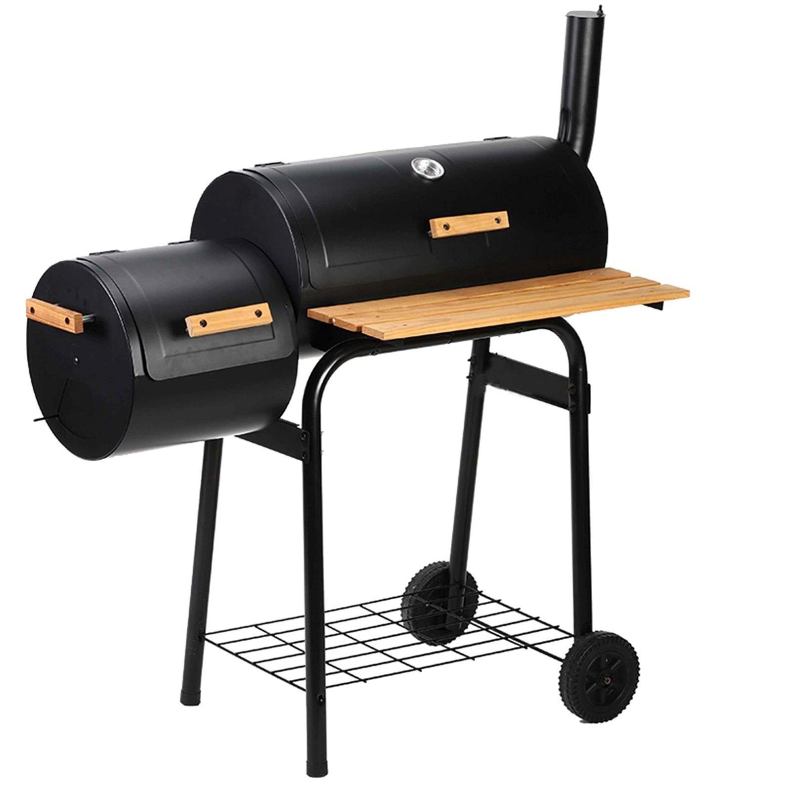 Large black charcoal barrel BBQ grill with a smoker, wooden accents, portable wheels, and a sturdy metal frame, featuring a side shelf and a chimney for ventilation.