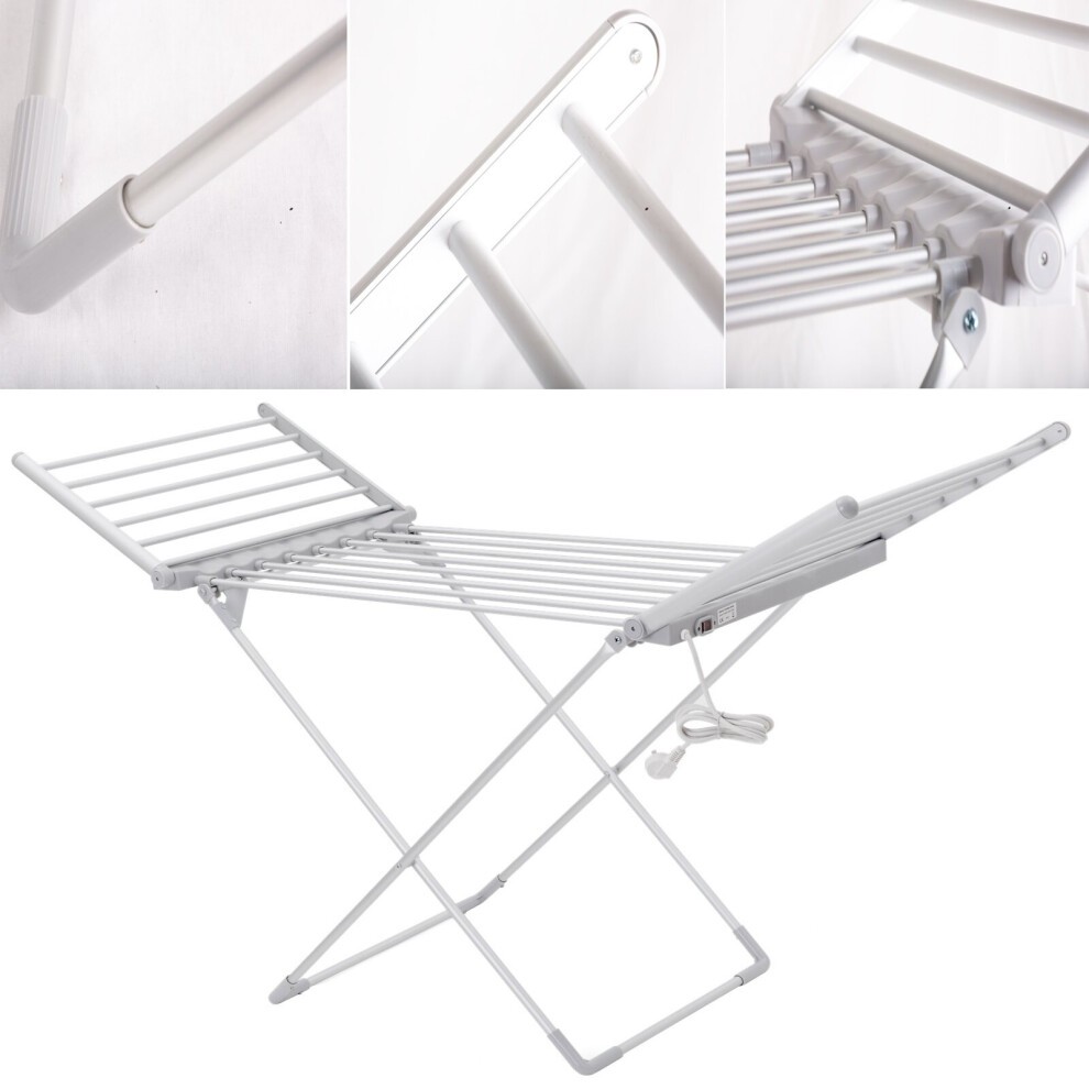 White electric folding heated clothes airer with multiple drying rods, a compact design, and an attached power cord for convenient laundry drying.