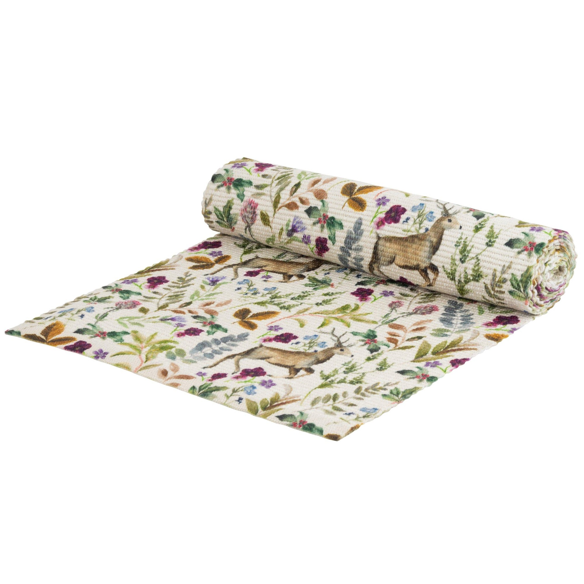 Digitally printed table runner featuring a whimsical reindeer design, surrounded by colorful flowers and leaves on a cream background, made from durable fabric.