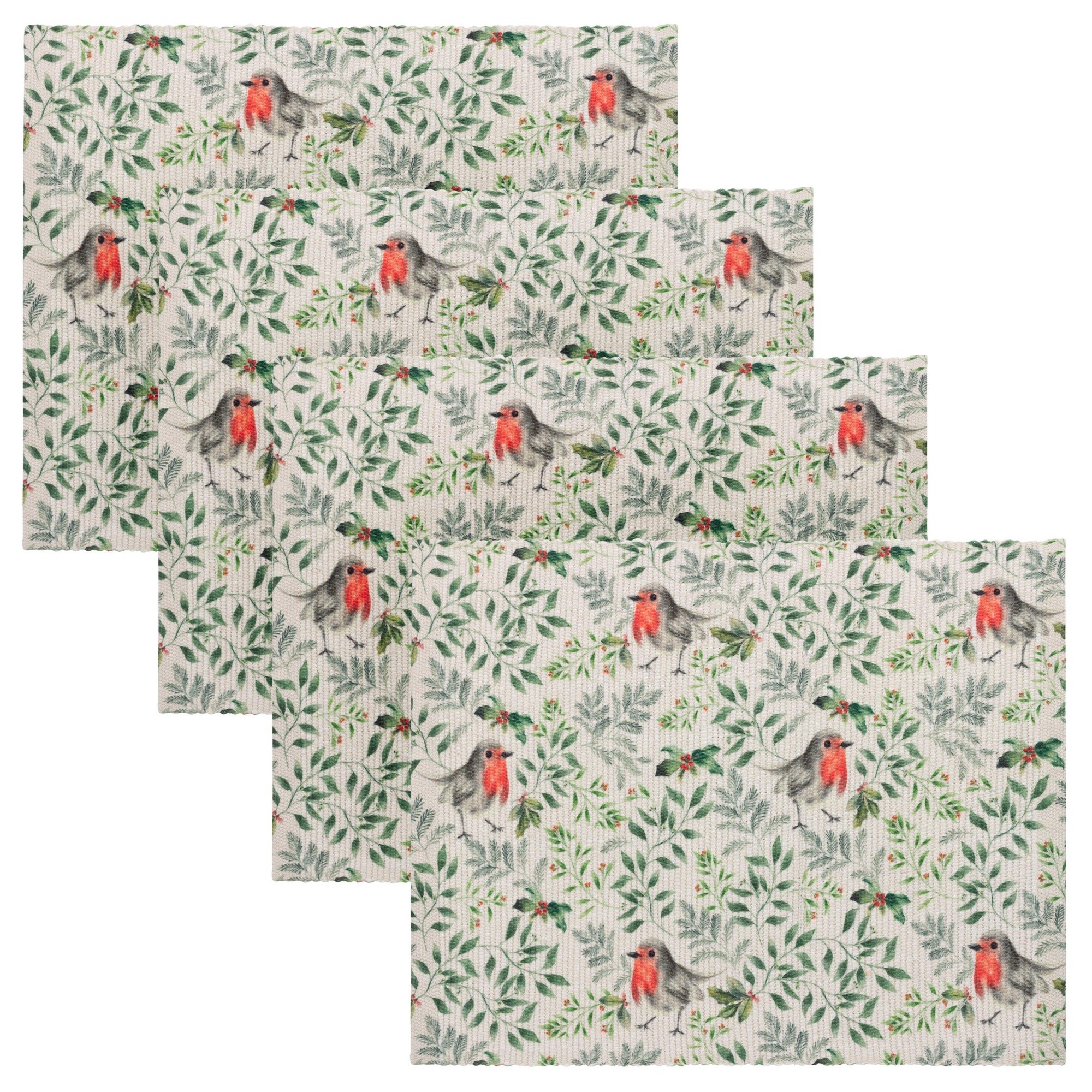Set of four green placemats featuring a digitally printed design of robins among leafy branches, crafted from durable material for a stylish table setting.