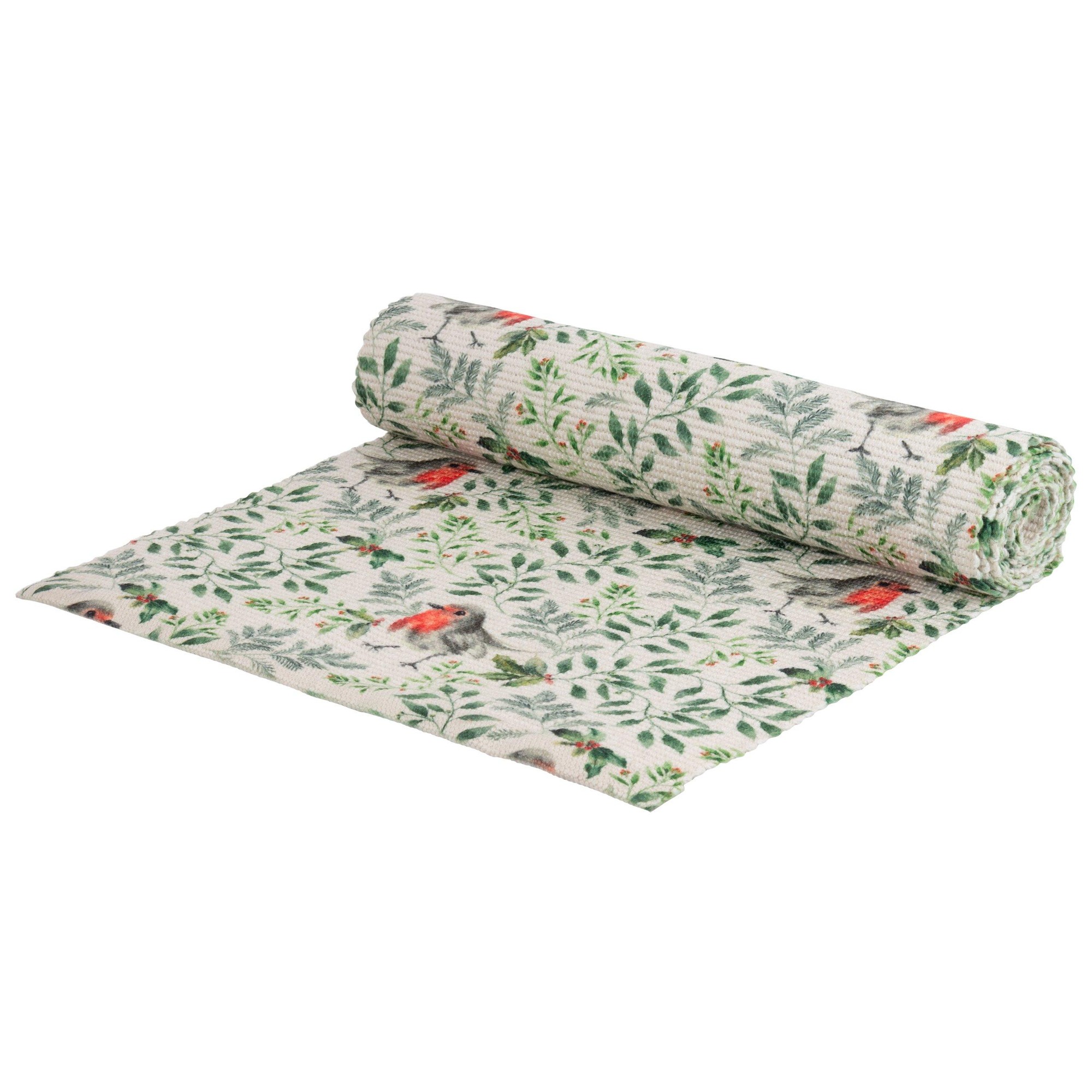 Large green table runner featuring a digitally printed design of robins and foliage, made of fabric with a textured finish, rolled up for display.